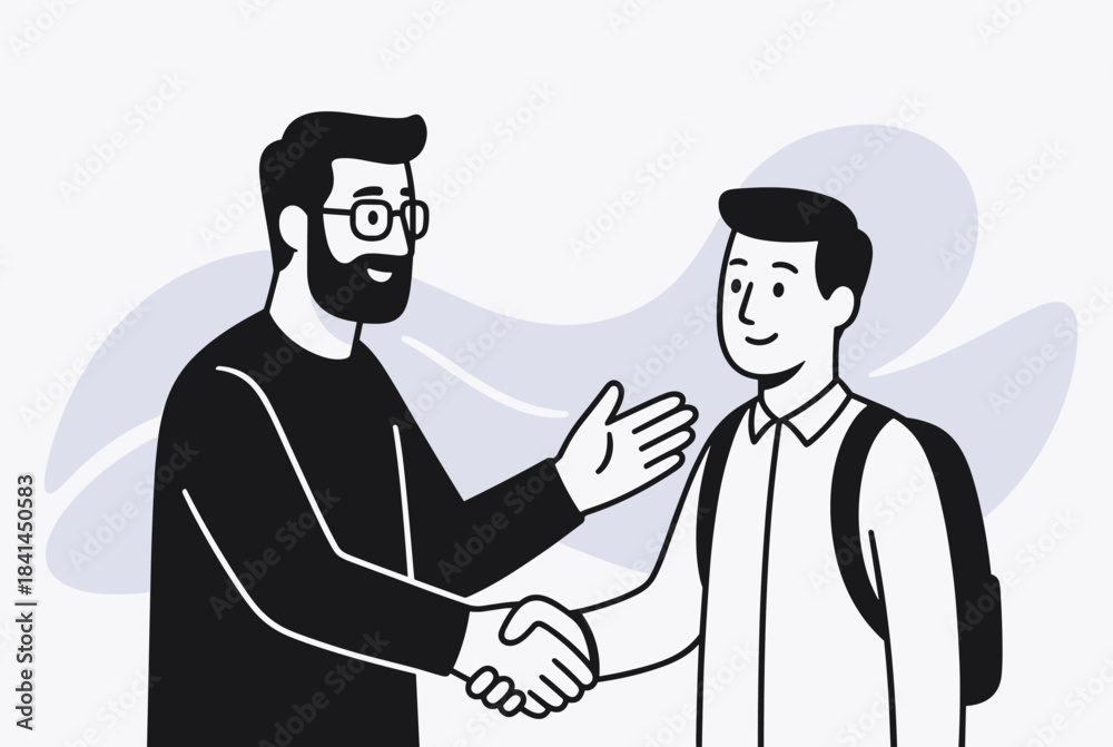 Fototapeta premium Two men, one older and bearded, shaking hands with a younger man wearing a backpack, depicting a welcome, agreement, or mentorship.
