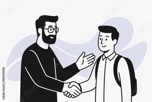 Two men, one older and bearded, shaking hands with a younger man wearing a backpack, depicting a welcome, agreement, or mentorship.