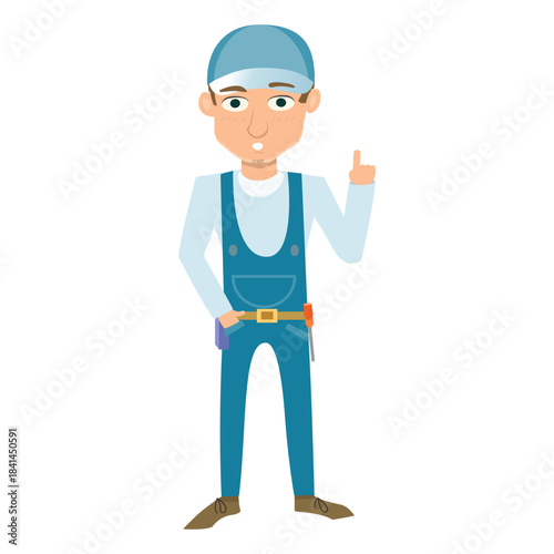 Handyman standing and pointing one finger up to give advice or attention