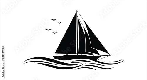 Sleek black sailboat illustration capturing the serene beauty of a maritime journey at sea