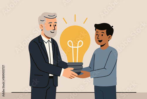 An older man and a younger man collaboratively holding a glowing lightbulb, symbolizing shared ideas and mentorship.