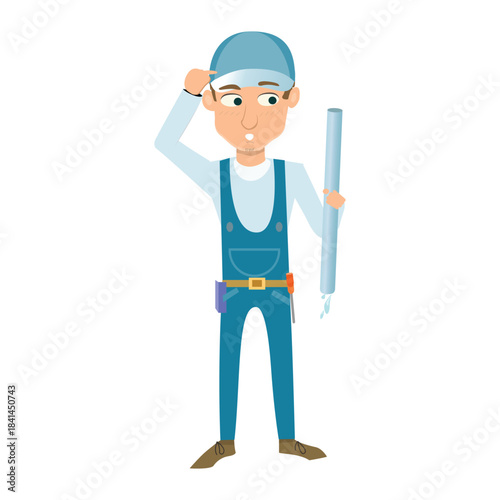 Confused plumber scratching his head while holding a pipe. Concept of difficult repair