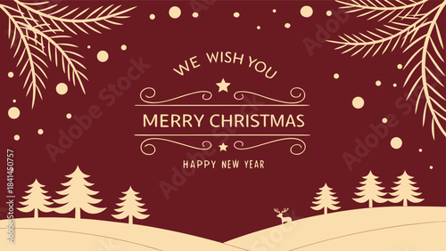 Gold Christmas and New Year Typographical on red Xmas background with winter landscape with snowflakes. Happy Holidays printable banner, card, vector with Christmas snowflake card, winter, clipart, 