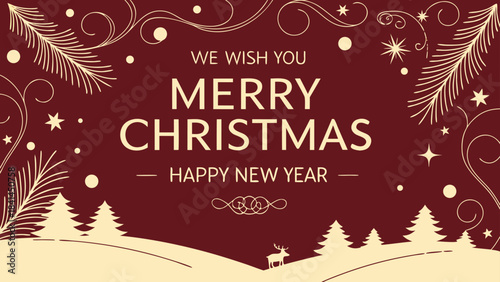 Gold Christmas and New Year Typographical on red Xmas background with winter landscape with snowflakes. Happy Holidays printable banner, card, vector with Christmas snowflake card, winter, clipart, 