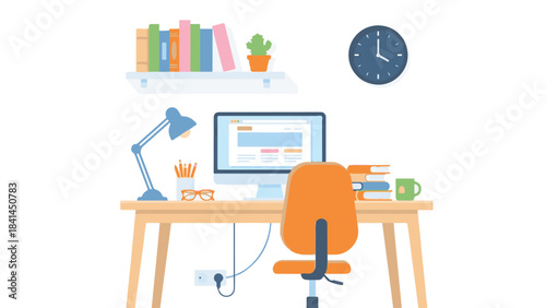 Flat design illustration of modern home office workspace with desk and computer