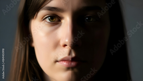 Closeup portrait of a young woman with dramatic chiaroscuro lighting, one side of her face illuminated and the other in deep shadow