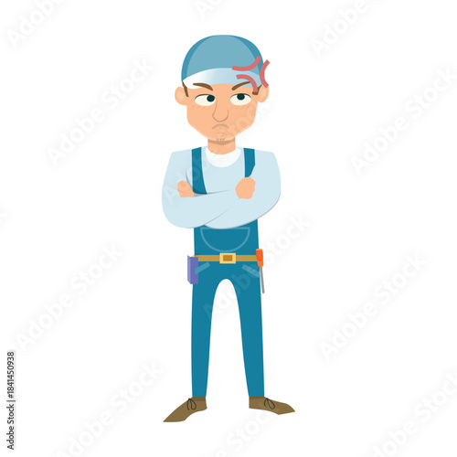 Angry handyman standing with arms crossed and a furious expression