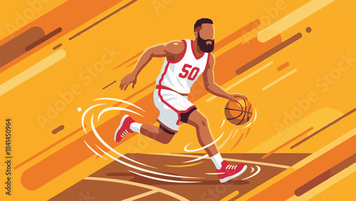 Energetic basketball player dribbling the ball in flat design illustration