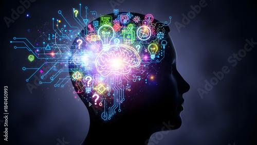 Silhouette of human head with glowing digital brain, artificial intelligence, complex thoughts, creativity, and data processing visualization