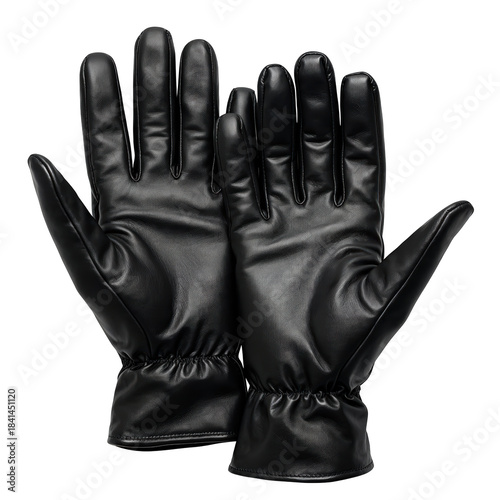 Elegant pair of shiny black leather glove, fashion accessory. palms are up, showing formal stylish look