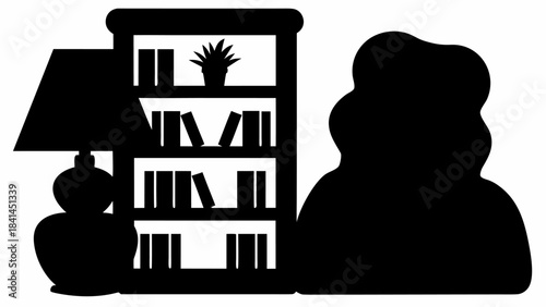 Silhouette of a bookshelf filled with books and a table, perfect for study, library, or home office interior design concepts.