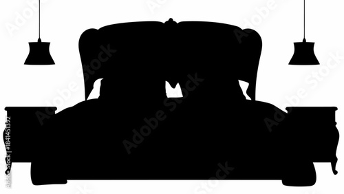 Elegant silhouette of a luxury bed with a decorative headboard and bedside table, exuding comfort and sophistication for master bedroom design.