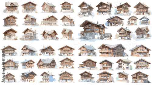 Set of hand drawn house illustrations featuring various architectural styles, cozy homes, cottages, and buildings isolated on white background, perfect for design, real estate, and concept art use.