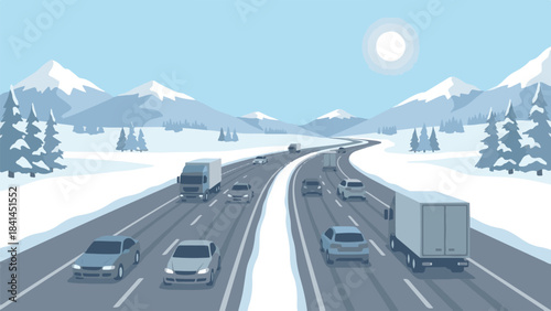 Winter highway with cars and trucks driving through snowy mountains