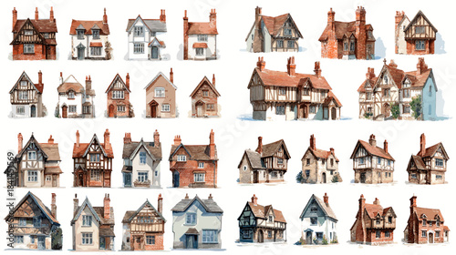 Set of European style vintage houses and cottages with detailed facades and rooftops, hand drawn architectural illustrations isolated on white background, ideal for design and real estate themes.