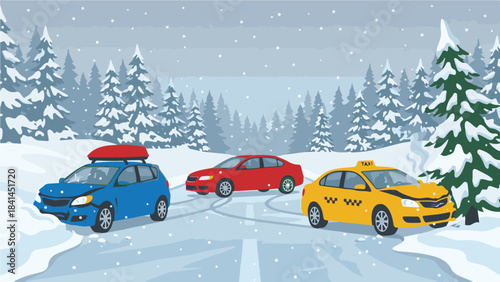 Winter car crash scene with damaged vehicles on a snowy road