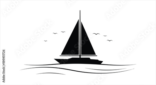 Silhouette of a sailboat on the water with birds flying above