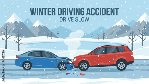 Winter driving accident, two cars crashed on a dangerous snowy road