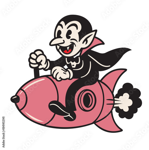 a vector illustration design of a cartoon image of a vampire flying which is very unique and has cool colors, very suitable to be used as an image on a t-shirt