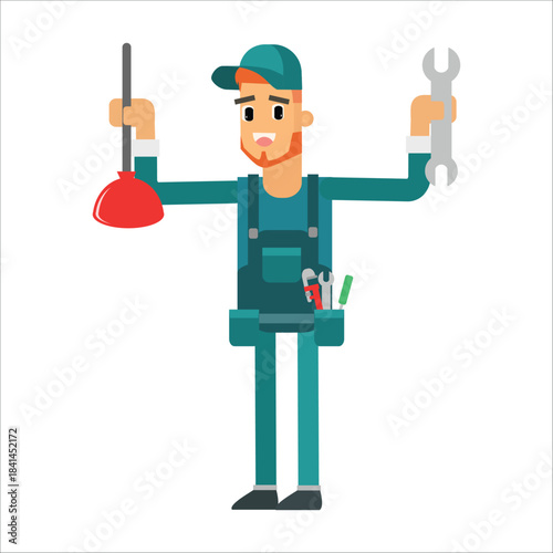 Plumber holding a plunger and a wrench, ready for any plumbing work