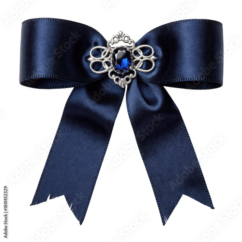 Dark elegant gothic bow made of blue and black ribbon with silver filigree brooch and mysterious blue gemstone