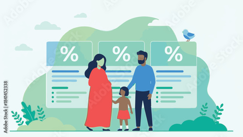 Family with pregnant woman and child looking at financial benefits cards
