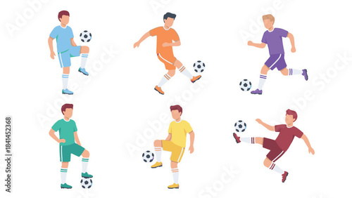 Set of diverse male soccer players performing football skills, flat illustration