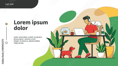 Man working remotely on laptop with cat, dog, and plants in home office