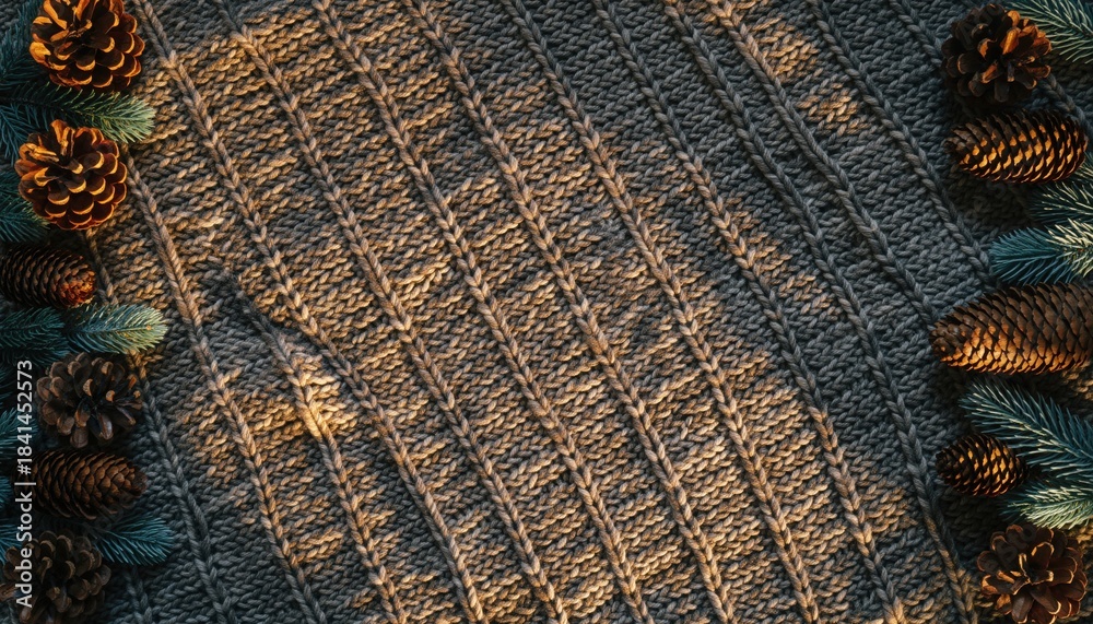 Fototapeta premium Winter Wonderland: A textured fabric blanket is the canvas for a winter composition of pine cones, offering a visual feast of texture and the quiet stillness of the season.