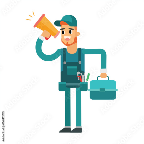 Plumber holding a megaphone and toolbox, making a loud announcement or promotion