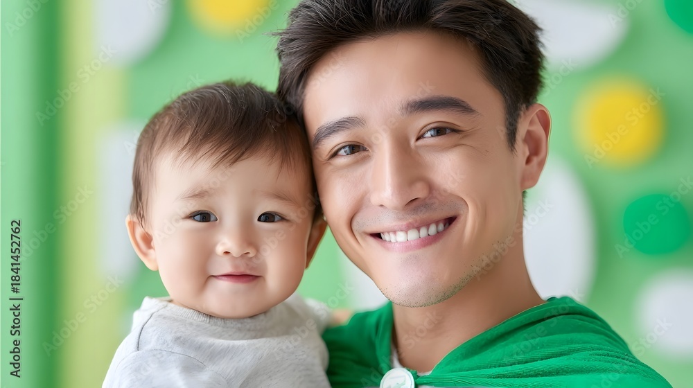 Fototapeta premium Close up portrait of a cheerful father holding his adorable baby They both have radiant smiles conveying love and happiness dressed in green and against a playful circular patterned backdrop