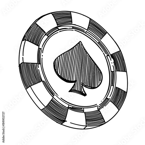 Casino spade poker chip vector line art hand drawn illustration