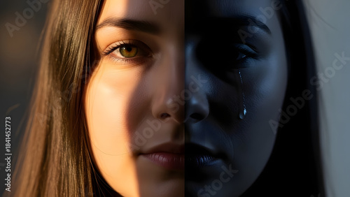 Split portrait of a young woman showing duality of emotions happiness and sadness, light and dark sides, mental health concept