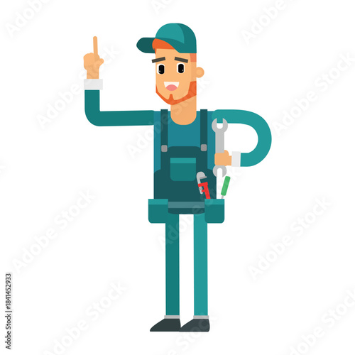 Smart plumber pointing his finger up, having a brilliant idea or solution for repair