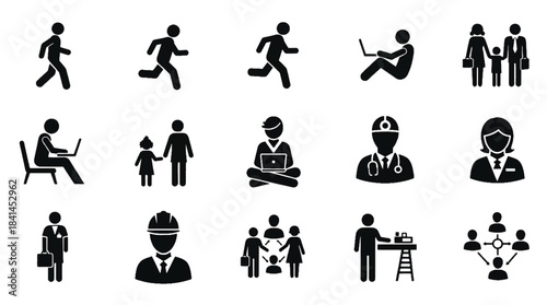 Professional and General Activity Pictogram Set - People Icons Including Business, Medical Doctor, Engineer, Student, and Family Silhouettes for Career and Corporate Design