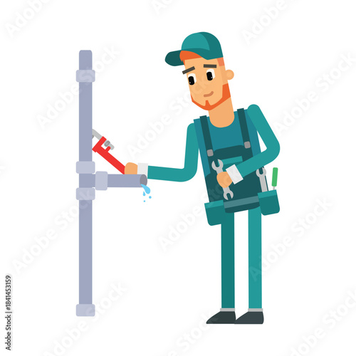 Plumber fixing a leaking pipe with a red wrench. Concept of maintenance and repair