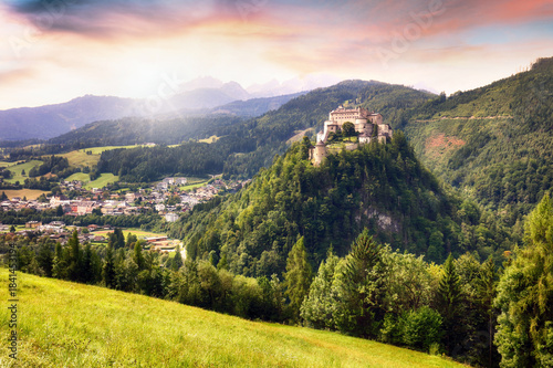 Cuadro en lienzo Hohenwerfen Castle at dramatic sunset, Austria, Salzburg