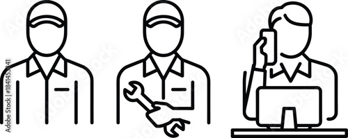 Line Art Icons of a Mechanic with Wrench and a Person on a Computer and Phone Keywords: mechanic, worker, technician, repairman