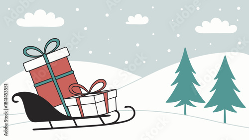 A flat vector illustration depicting a minimalist winter scene. It features a sled sliding down a snowy hill, carrying two stacked gift boxes one red and one white with a teal ribbon. The background.