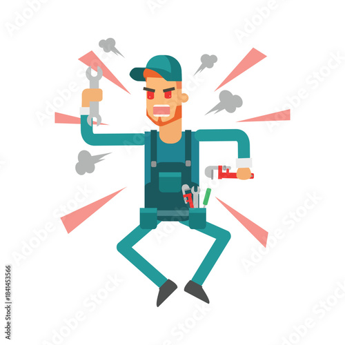 Furious plumber holding a wrench tool and shouting in rage