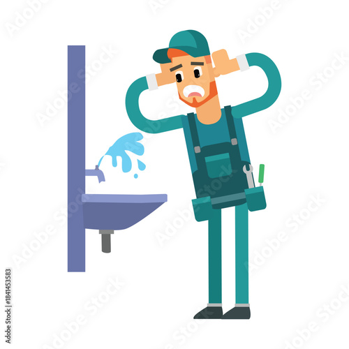 Shocked plumber panicking next to a leaking sink spraying water