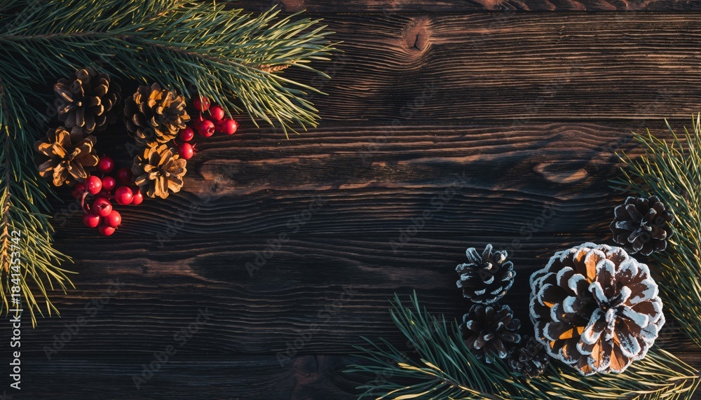 Fototapeta premium Festive Season's Embrace: A top-down perspective captures a rustic wooden surface adorned with seasonal accents. This composition evokes a sense of festive charm.