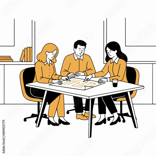 Minimal Line-Art Team Working Together on a Creative Brief with Accent Shapes – Vector Illustration