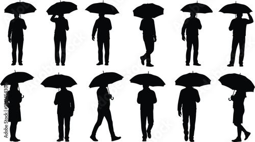 Silhouettes of people holding umbrellas, walking and standing, rainy weather poses, outdoor umbrella icons for design, illustration, and graphic projects