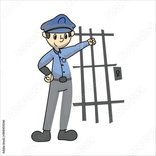 Police officer standing next to a metal jail cell door. Concept of arrest and custody