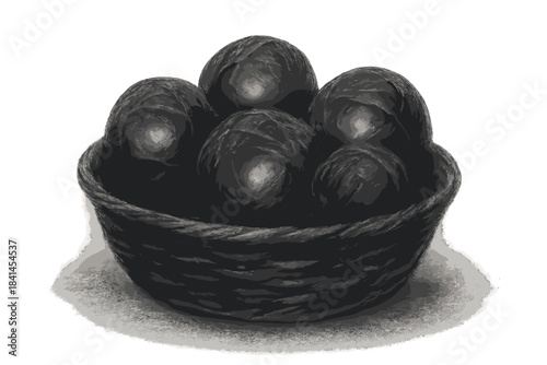 Basket of black balls sits on a white background