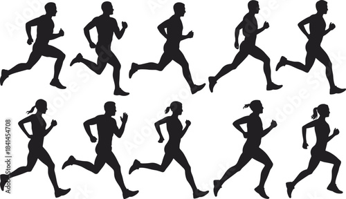 Silhouettes of Male and Female Runners in Motion on a White Background running athlete