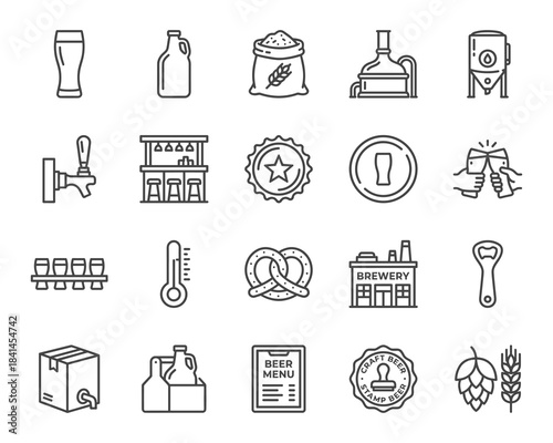 Black outline icon set for craft beer and brewery. Features brewing process equipment, taps, glassware, hops, barley, and pub symbols. Minimalist clean vector design.