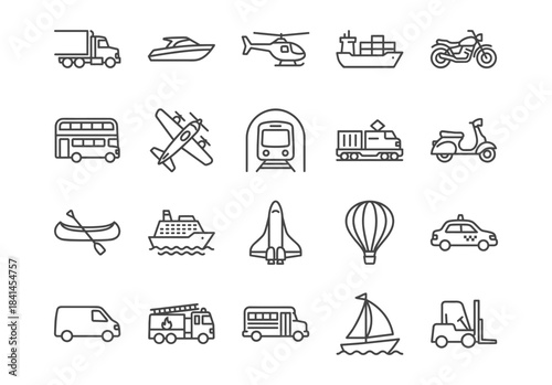 Set of 20 clean line vector icons for transportation and logistics. Includes land, sea, and air vehicles like truck, plane, ship, and train. Minimalist black outline design.
