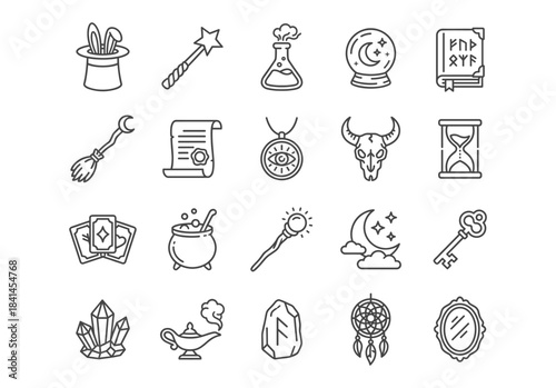 Magic line icons. A collection of 20 mystical symbols like potion, spellbook, wand, and crystal ball. Perfect for fantasy and witchcraft projects. Vector outline style.